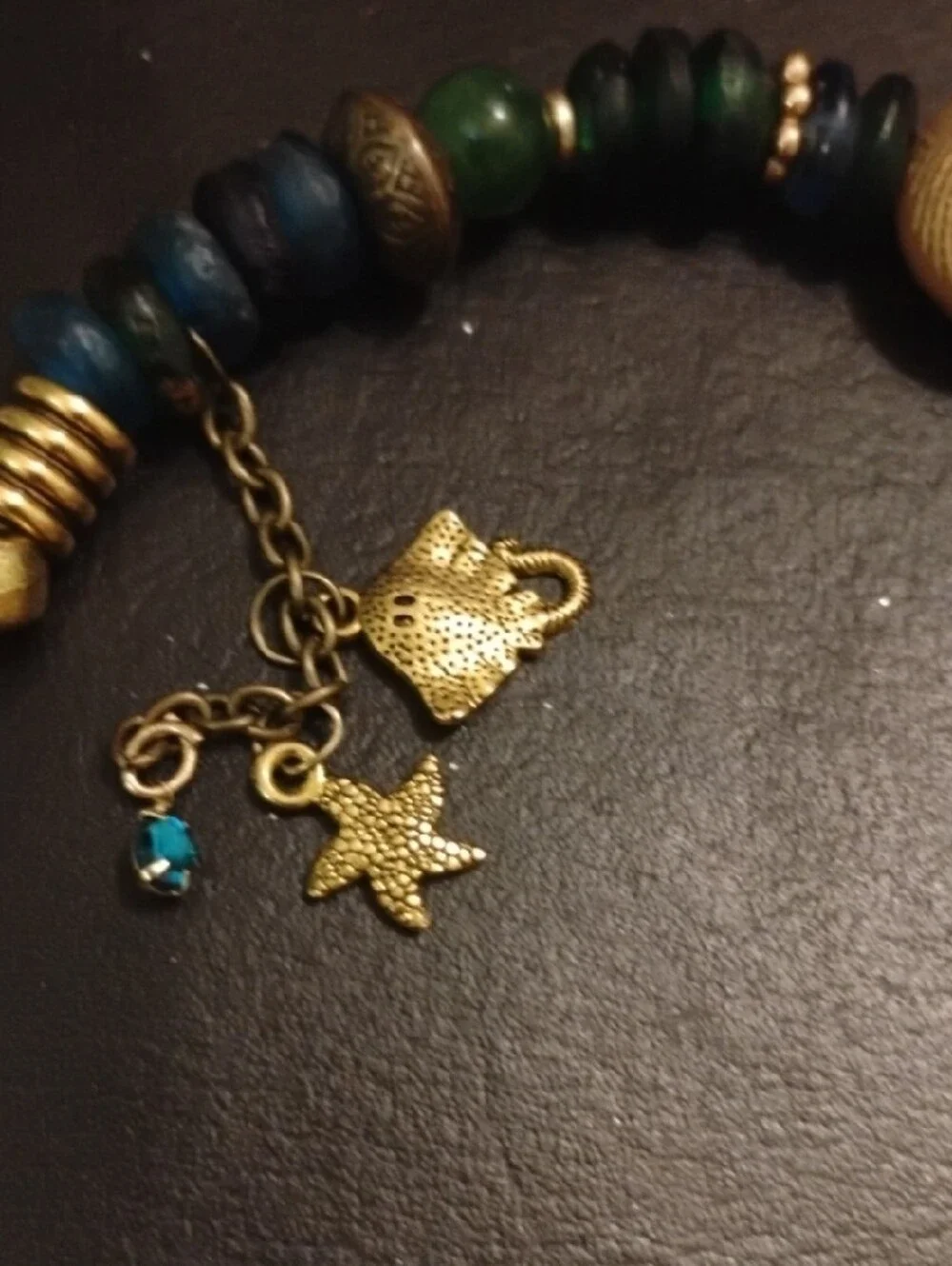 Hand Crafted Gold-Tone and Green-Blue Bead Charm Bracelet